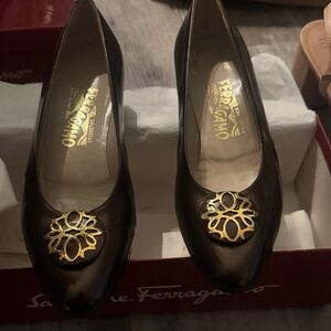 Salvatore Ferragamo Brown Heels with Gold Accent